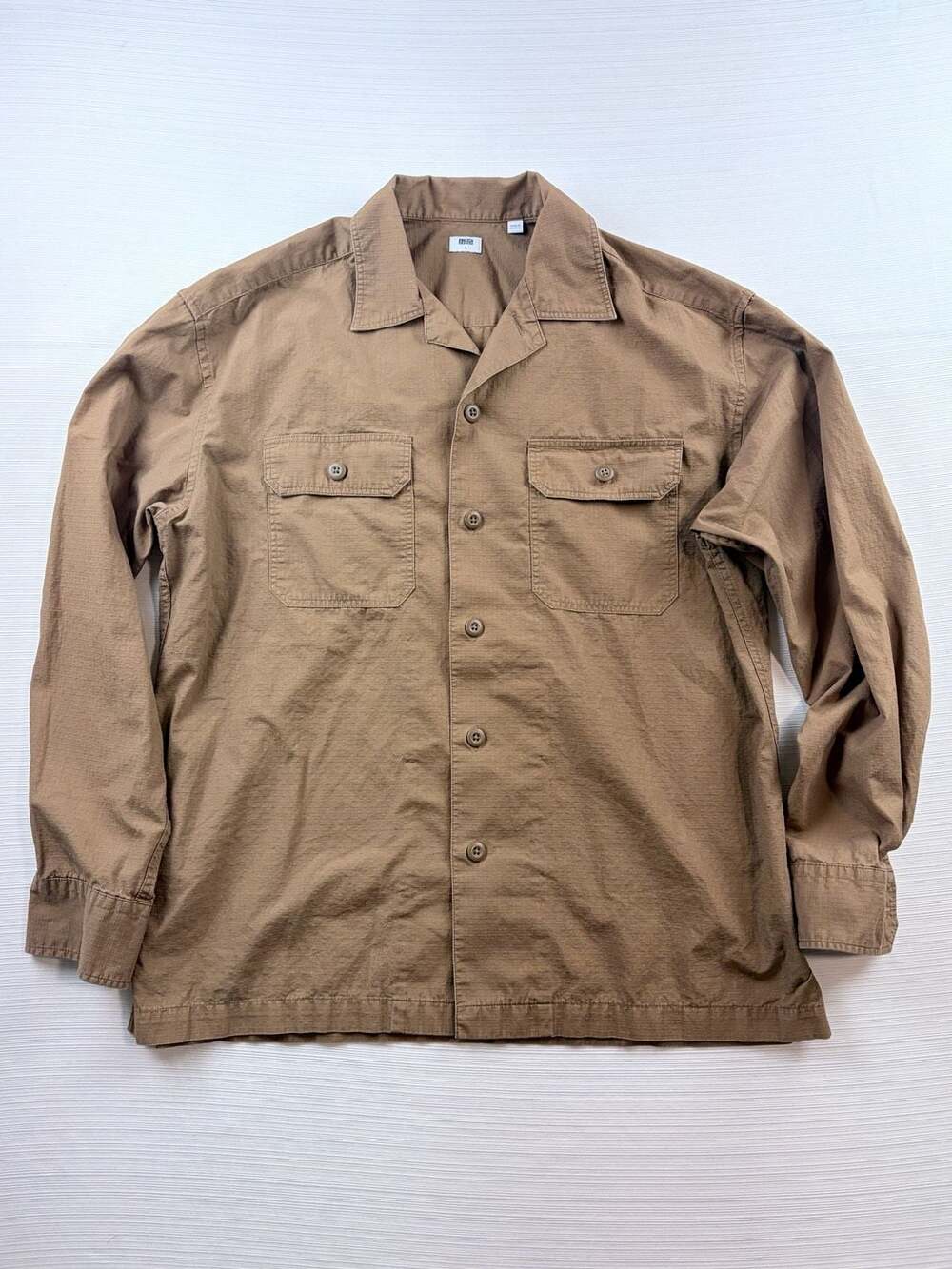 Uniqlo Men’s Long Sleeve Camp Collar Shirt Size S Brown Ripstop Pocket Utility